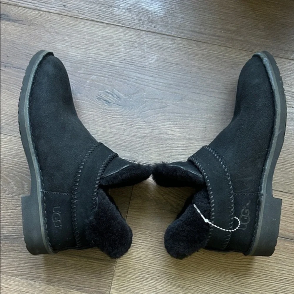 Ugg Pure Black Suede Ankle Boots with Fur Trim !! 7.5